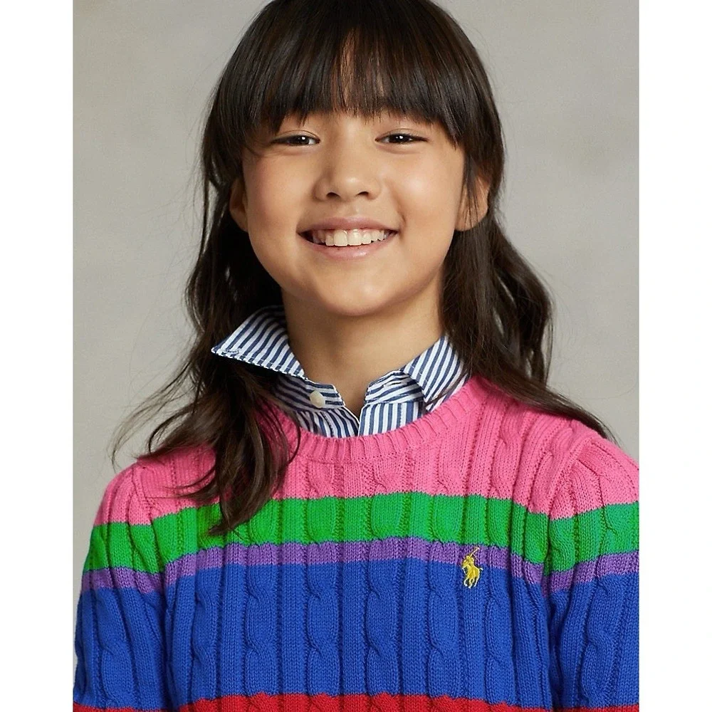 Polo Ralph Lauren Girls Striped Cable Knit Sweater Rainbow Cotton M 8-10